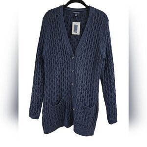 NEW! LANDS END navy blue/silver button down cardigan, chunky knit, size M/10-12